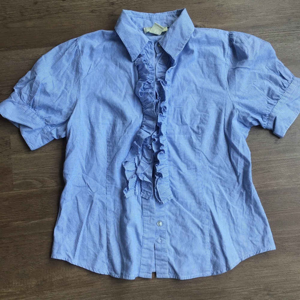 Pinstripe career blouse with ruffle detail